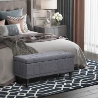 HOMCOM Storage Ottoman, Linen Fabric Button Tufted Storage Bench with Soft Close Lid for Living Room, Entryway or Bedroom, Dark Heather Grey(m-10)