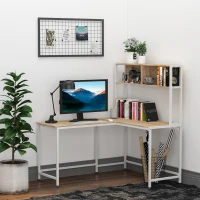 HOMCOM 55 Inch L Shaped Computer Desk with Hutch, Corner Desk for Home Office and Study, Writing Workstation with 2 Storage Compartments, Natural Wood Color(m-2)
