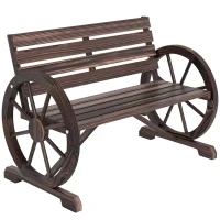 Outsunny 42" Wood Wagon Wheel Bench Garden Loveseat Rustic Seat Relaxing Lounge Chair Outdoor Decorative Seat Park Decor, Brown(m-2)