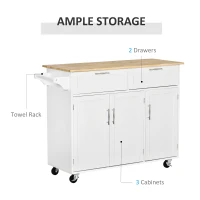 HOMCOM 48" Kitchen Island with Storage and Solid Wood Top, Rolling Kitchen Cart on Wheels with 2 Storage Drawers, 3 Doors and Towel Rack for Dining Room, White(m-4)