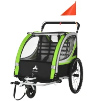 Aosom 2-in-1 Walk/Ride Child Baby Bike Trailer for Kids 2 Seater, High-Visibility Bike Stroller for Toddler Wagon, Weather-Strong Double Bicycle Trailer Accessory, Green(m-11)