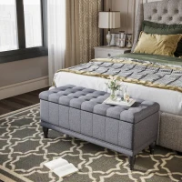 HOMCOM Storage Ottoman, Linen Fabric Button Tufted Storage Bench with Soft Close Lid for Living Room, Entryway or Bedroom, Dark Heather Grey(m-2)