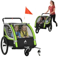 Aosom 3-in-1 Bike Trailer for Kids, Running Stroller with 2 Seats, Jogging Cart with 5-Point Harness, Storage Units, Green(m-9)