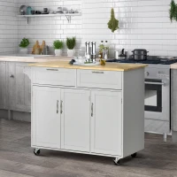 HOMCOM Mobile Kitchen Island with Storage, Kitchen Cart with Wood Top, Storage Drawers, 3-door Cabinets, Adjustable Shelves and Towel Rack, Gray(m-10)
