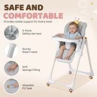 Qaba High Chair with Wheels, Double Tray, Foldable Baby Seat with Adjustable Seat Height, Backrest, Footrest and Tray, Grey(m-7)