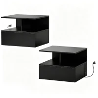HOMCOM Floating Nightstand Set of 2, Wall Mounted Bedside Table with with Power Outlets, Drawer and Shelf, Black(m-2)