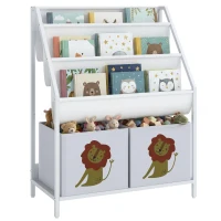 Qaba Kids Bookshelf, 3-Tier Sling Bookshelf with Toy Storage, Montessori Toy Organizer with Non-Woven Drawers for Kids Room(m-13)