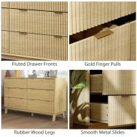 HOMCOM 6 Drawer Double Dresser for Bedroom, Fluted Chest of Drawers with Gold Finger Pulls and 5 Wood Legs, Natural Wood(m-7)