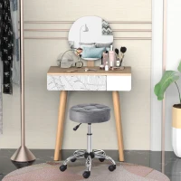 HOMCOM Round Rolling Stool, Height Adjustable Vanity Chair, Upholstery Office Chair with Swivel Seat and Wheels, Grey(m-10)