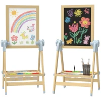 Qaba Wooden Art Easel, Double Sided Kids Easel with Height Adjustable Chalkboard and Magnetic Whiteboard, Natural(m-9)