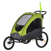 Aosom Bike Trailer for Kids 3 In1 Foldable Child Jogger Stroller Baby Stroller Transport Carrier with Shock Absorber System Rubber Tires Adjustable Handlebar Kid Bicycle Trailer Green and Gray(m-1)