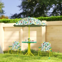 Qaba Kids Picnic Table, Kids Table and Chair Set with 2 Folding Chairs and Umbrella for Backyard, Garden, Patio, Green(m-10)