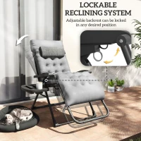 Outsunny Padded Folding Recliner Chair, Patio Lounger with Cupholder, Adjustable Backrest, Removable Cushion, Grey(m-5)