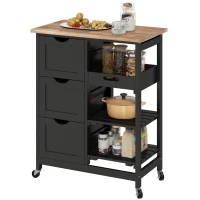 HOMCOM Kitchen Cart on Wheels, Rolling Kitchen Island Cart with Wood Top, 3 Drawers and Shelves for Home Dining Area, Black(m-2)