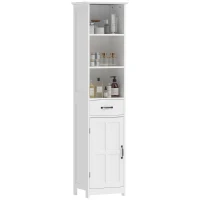 kleankin Modern Bathroom Cabinet, Narrow Storage Cabinet with 3 Open Shelves, Drawer, Recessed Door and Adjustable Shelf, White(m-1)