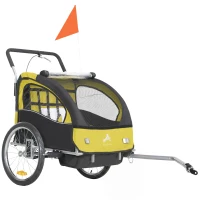 Aosom 2-in-1 Bike Trailer for Kids, Foldable 2-Seat Baby Stroller with 5-Point Harness, Rubber Wheels, Storage Bag, Yellow(m-2)