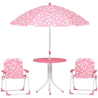 Qaba Kids Picnic Table, Kids Table and Chair Set with 2 Folding Chairs and Umbrella for Backyard, Garden, Patio, Pink(m-9)