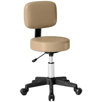 HOMCOM PU Leather Adjustable Rolling Stool, Round Swivel Drafting Stool with Back, Wheels, Light Brown(m-9)