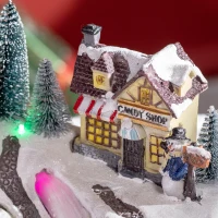 HOMCOM Animated Christmas Village Scene, Pre-Lit Musical Holiday Decoration with LED Lights, Fiber Optic, Rotating Skating Pond and 2 Skaters(m-9)