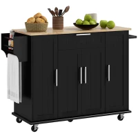 HOMCOM Modern Rolling Kitchen Island Cart with Drawers, Natural Wood Top, Towel Rack, Door Storage Cabinet, Black(m-9)