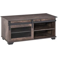 HOMCOM Farmhouse Coffee Table with Storage, Sliding Mesh Barn Door, Industrial Cocktail Table with Adjustable Shelves for Living Room, Dark Brown(m-1)