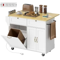 HOMCOM Kitchen Island Cart with Charging Station and Drop Leaf, Kitchen Island Table on Wheels with Trash Can Cabinet, White(m-7)