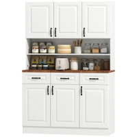 HOMCOM 71" Kitchen Pantry Cabinet, Freestanding Farmhouse Storage Cabinet with Wide 2-Tier Microwave Stand Countertop, 3 Drawers, 6 Soft Closing Doors, and Adjustable Shelves, Cable Management, White(m-11)