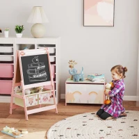 Qaba Toy Box with Lid and Kids Easel with Paper Roll, Blackboard, Whiteboard, Cute Fox Design, for Ages 3-8 Years, Pink(m-10)