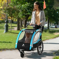 Aosom 3-in-1 Bike Trailer for Kids, Running Stroller with 2 Seats, Jogging Cart with 5-Point Harness, Storage Units, Blue(m-10)