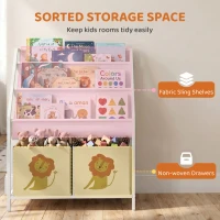 Qaba Kids Bookshelf, 3-Tier Sling Bookshelf with Toy Storage, Montessori Toy Organizer with Non-Woven Drawers for Kids Room(m-4)