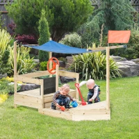 Outsunny Kids Wooden Sandbox, Covered Children Pirate Sand Boat for Outdoor, Foldable Play Station, w/ Flag, Canopy Shade, Bottom Liner, Blackboard, for 3-8 Years Old, Natural Wood(m-2)