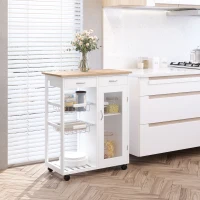 HOMCOM 28" Rolling Kitchen Island with Storage, Kitchen Cart with Solid Bamboo Top, Wire Basket,Door Cabinet and Drawers, White(m-9)