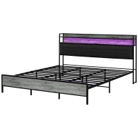 HOMCOM King Bed Frame with Storage Upholstered Headboard, King Size Bed Frame with LED Lights, Charging Station, Cement Gray(m-1)