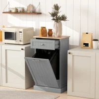 HOMCOM 10 Gallon Tilt Out Trash Cabinet, Wooden Hidden Trash Can with Storage Drawer for Kitchen, Laundry Hamper Cabinet for Bathroom, Gray(m-2)