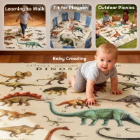 Qaba Large Play Mat 79" x 59", Crawling Mat for Toddlers, Living Room and Bedroom with Dinosaur Pattern, Khaki(m-7)