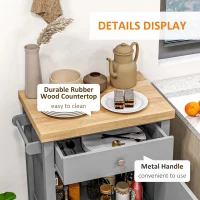 HOMCOM Kitchen Cart on Wheels, Rolling Kitchen Island Cart with Wood Top, Towel Rack, Drawer and Shelf for Dining Area, Grey(m-6)