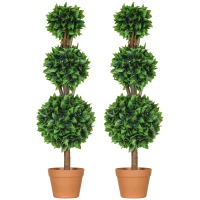 HOMCOM 2 Pack 35.5" Artificial Trees, Boxwood Topiary Ball Trees with Pot for Indoor, Outdoor, Home Office, Living Room, Green(m-2)
