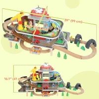 Qaba 79Pcs Wooden Train Set Mine Themed with Crane, Helicopter, Track & Accessories, for Boys & Girls 3+ Years Old(m-3)