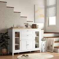 HOMCOM 47" Sideboard, Buffet Cabinet with Rubber Wood Top, Glass Door, Kitchen Coffee Bar Cabinet with Drawers, Adjustable Shelving for Living Room, White(m-9)