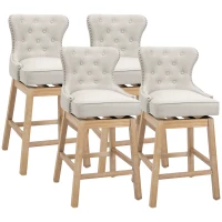 HOMCOM Upholstered Fabric Bar Height Bar Stools, 180° Swivel Nailhead-Trim Pub Chairs, 30" Seat Height with Rubber Wood Legs, Set of 4, Cream(m-1)