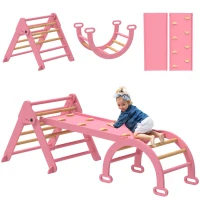 Qaba 7-in-1 Pikler Triangle Set, Foldable Wooden Climbing Toys with Arch, Ramp and Ladder for Toddlers 1-4 Years, Pink(m-9)