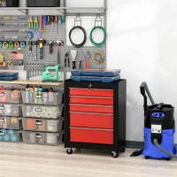 HOMCOM Lockable Tool Cabinet, 5-Drawer Rolling Tool Chest with 4 Universal Wheels, Black and Red(m-8)