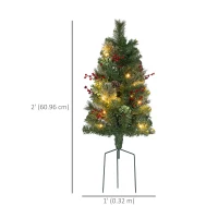 HOMCOM 2ft 2 Pack Artificial Christmas Tree, Pre Lit Christmas Tree with Red Berries and Pine Cones, Battery Operated, Green(m-3)