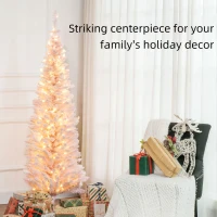 HOMCOM 6ft Pencil Christmas Tree, Slim Artificial Christmas Tree with Realistic Branches and Warm White LED Lights, Pink(m-4)