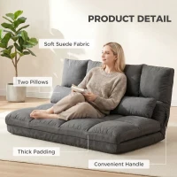 HOMCOM Convertible Recliner Sofa, Folding Floor Sofa Chair with Adjustable Backrest and Headrest, Dark Gray(m-6)