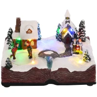HOMCOM Christmas Village Houses with LED Lights, Music, Christmas Village Decoration with Rotating Ice Skaters, Battery Operated(m-1)