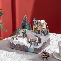HOMCOM Animated Christmas Village Scene, Pre-Lit Musical Holiday Decoration with LED Lights, Fiber Optic, Rotating Skating Pond and 2 Skaters(m-2)