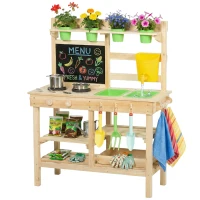 Qaba Kids Mud Kitchen, Outdoor Wooden Play Kitchen with Kitchenware & Garden Tools, Pretend Play Outdoor Toys, Natural(m-9)