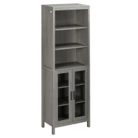 kleankin Tall Bathroom Storage Cabinet with 3 Tier Shelf, Glass Door Cabinet, Freestanding Linen Tower with Adjustable Shelves, Grey Wood Grain(m-11)