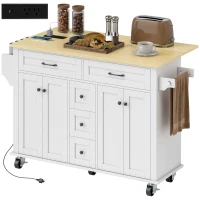 HOMCOM Kitchen Island Cart with Power Outlet & Drop Leaf, 55" Rolling Kitchen Island on Wheels with Storage, White(m-9)